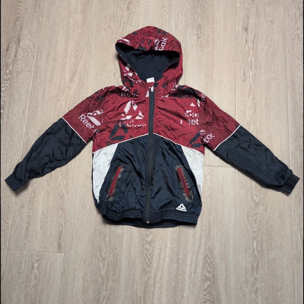 Kids Reebok Windbreaker Jacket Hoodie Red Black‎ White Graphic Logo Size 6 7